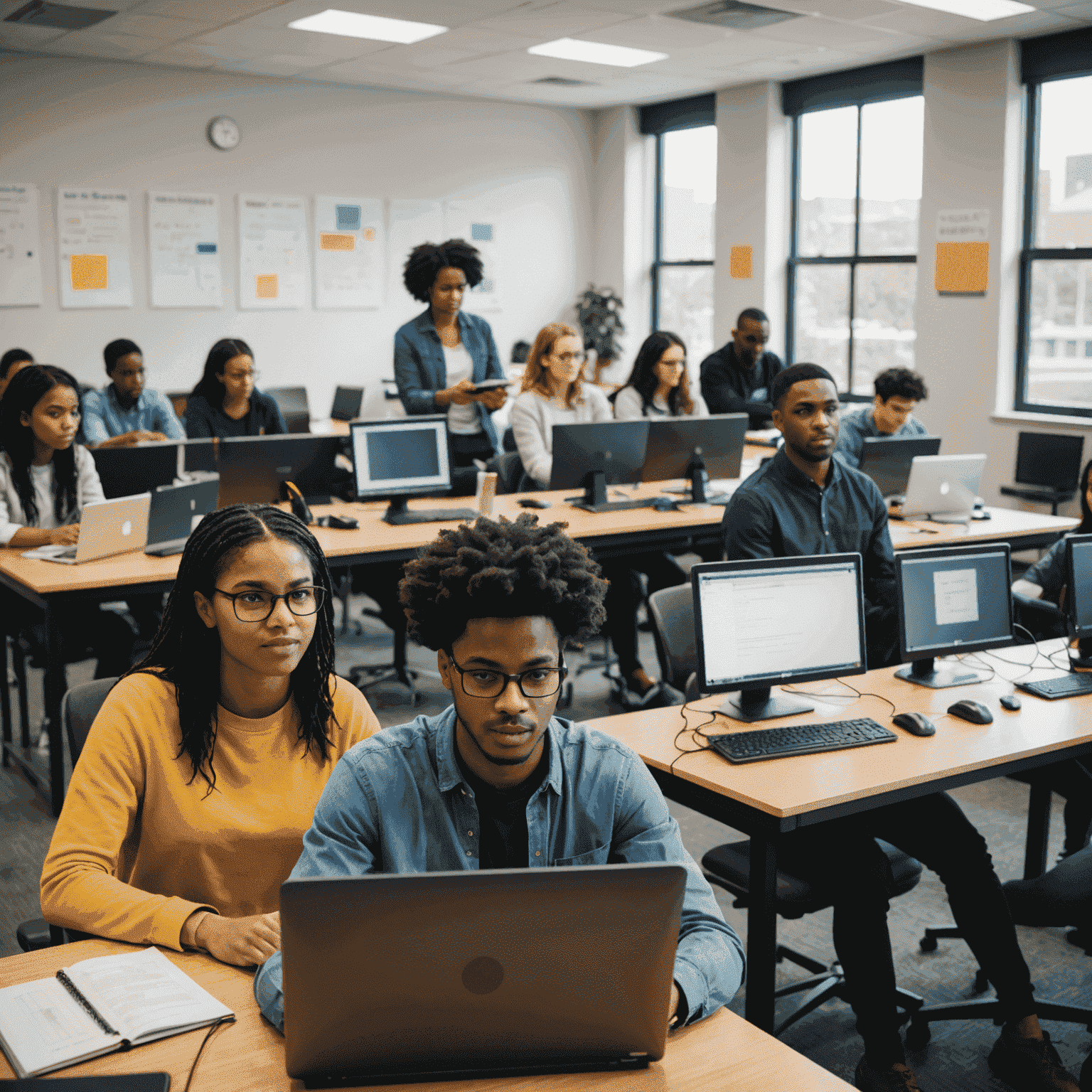 Estudiantes diversos trabajando en computadoras en un aula moderna, con un instructor ayudando a un estudiante en primer plano