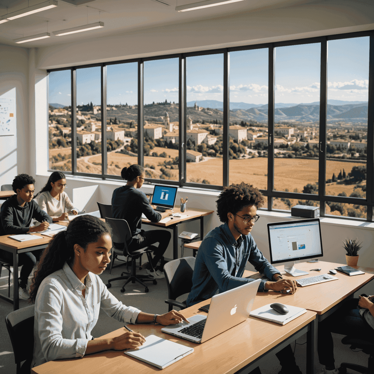 Estudiantes diversos trabajando en computadoras en un aula moderna con vistas a un paisaje español típico