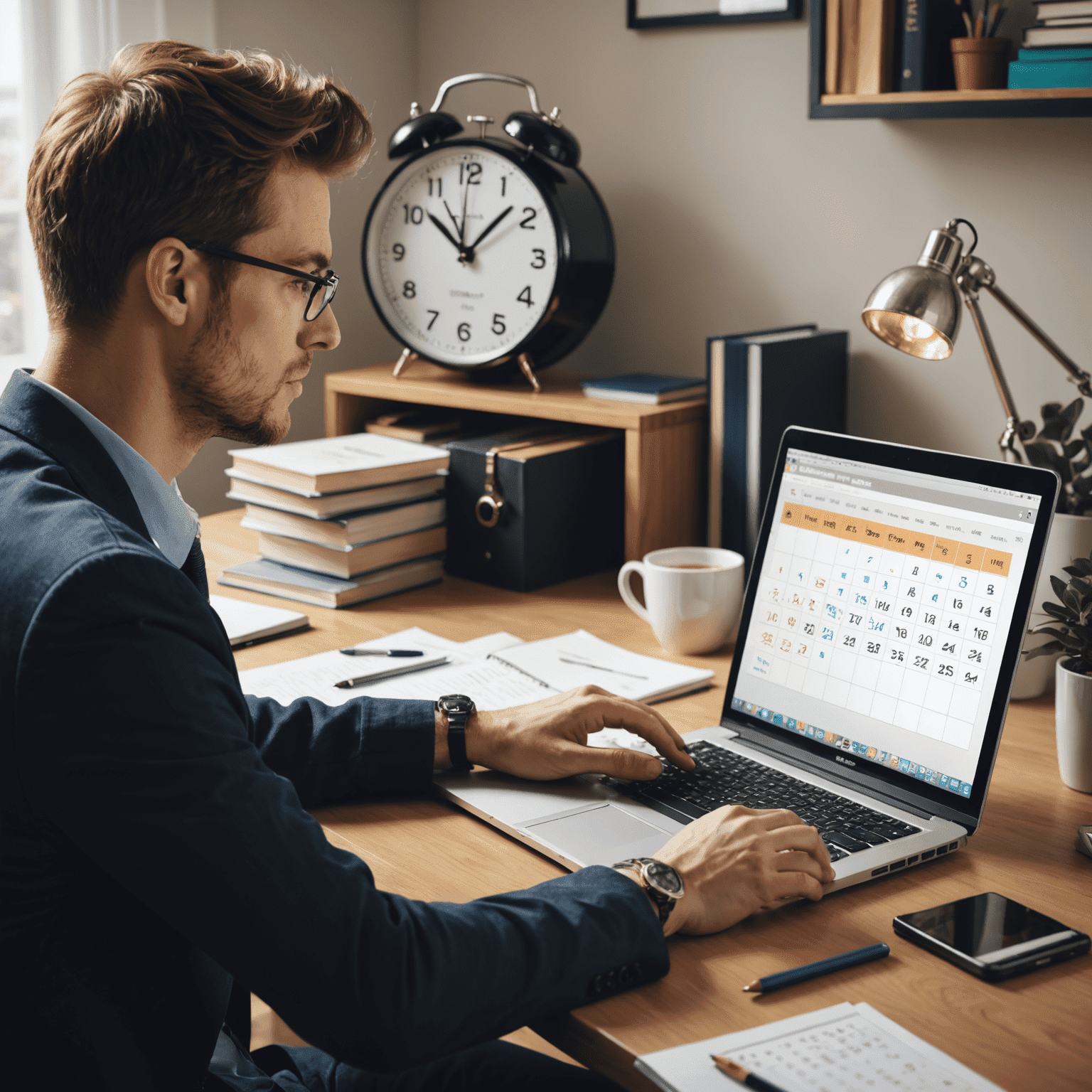 Imagen de una persona trabajando en una computadora portátil mientras estudia programación, con un reloj y un calendario en el fondo, simbolizando la gestión del tiempo