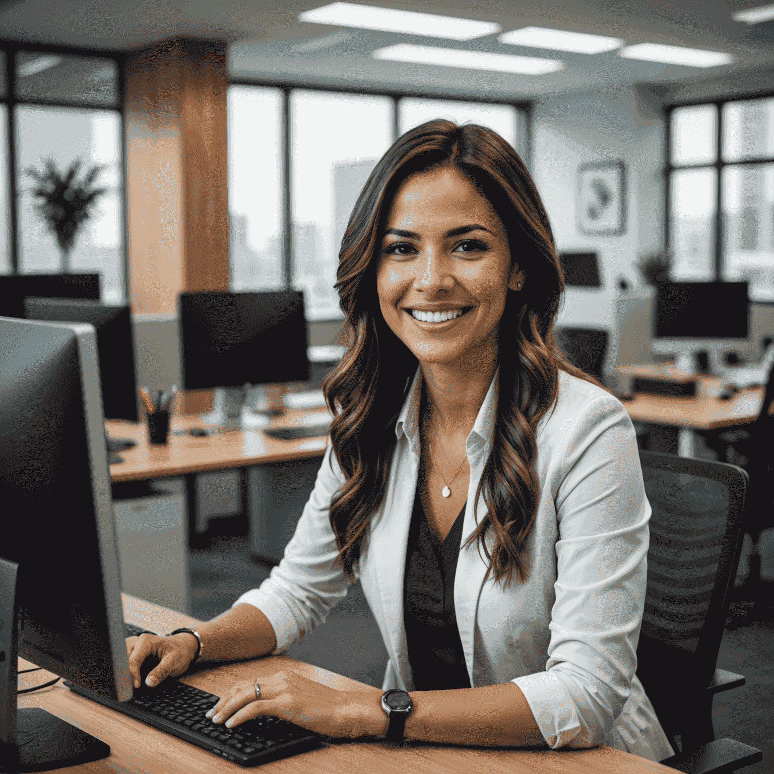 María Rodríguez sonriendo frente a su computadora en una oficina moderna