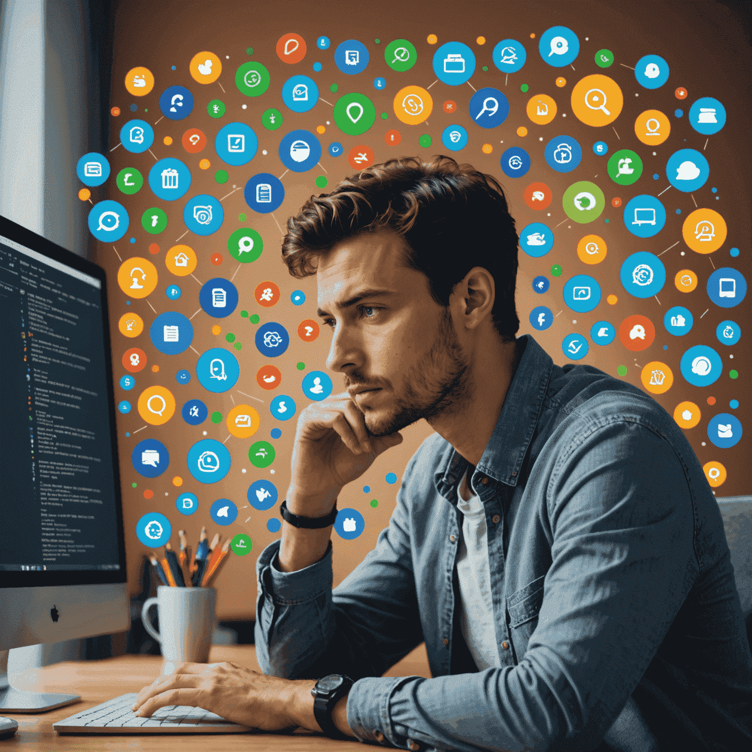 Imagen que muestra una persona pensativa frente a una pantalla de computadora con varios iconos de cursos de programación flotando alrededor, representando la decisión de elegir el curso adecuado
