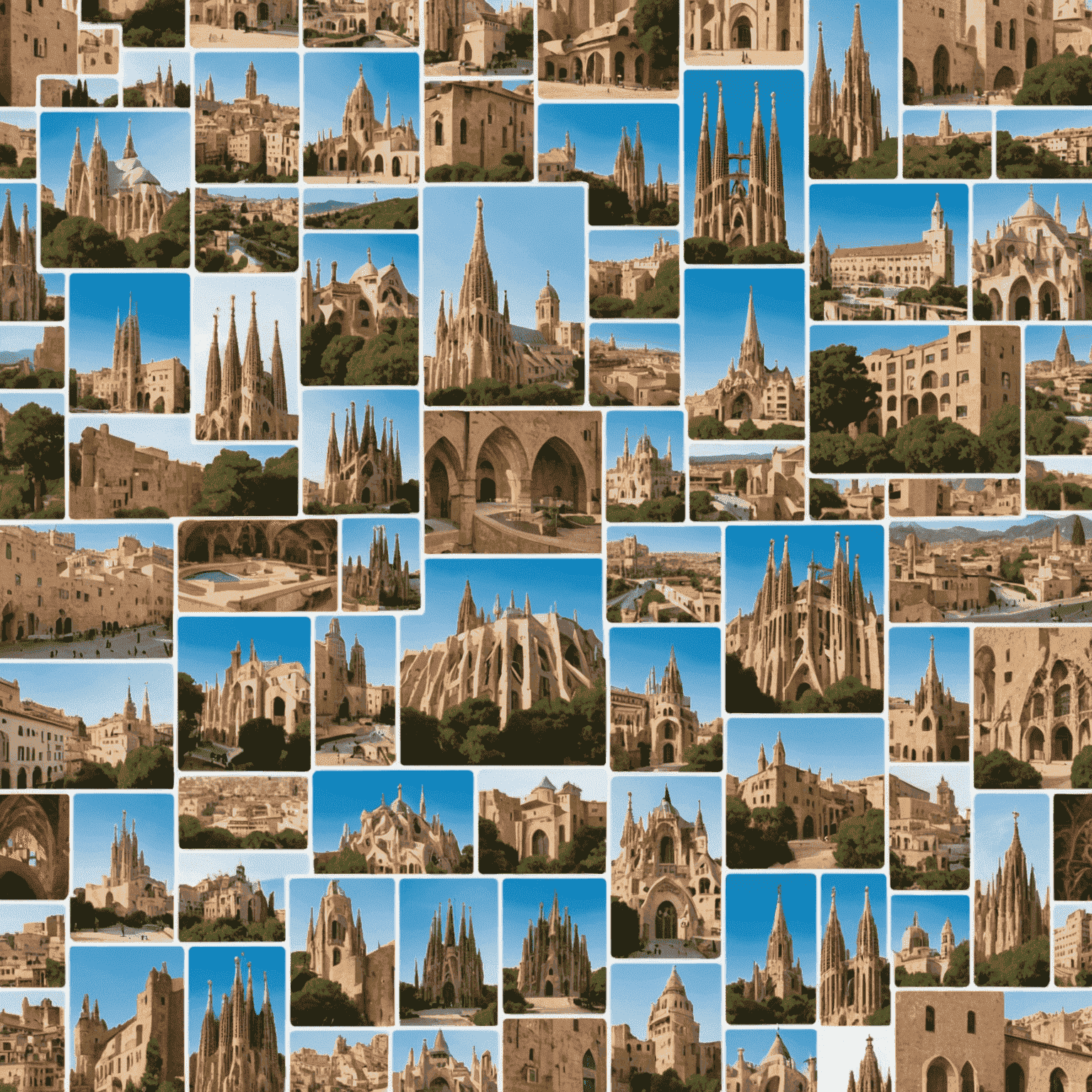 Imagen que muestra un collage de iconos de programación superpuestos sobre lugares emblemáticos de España, como la Sagrada Familia y la Alhambra