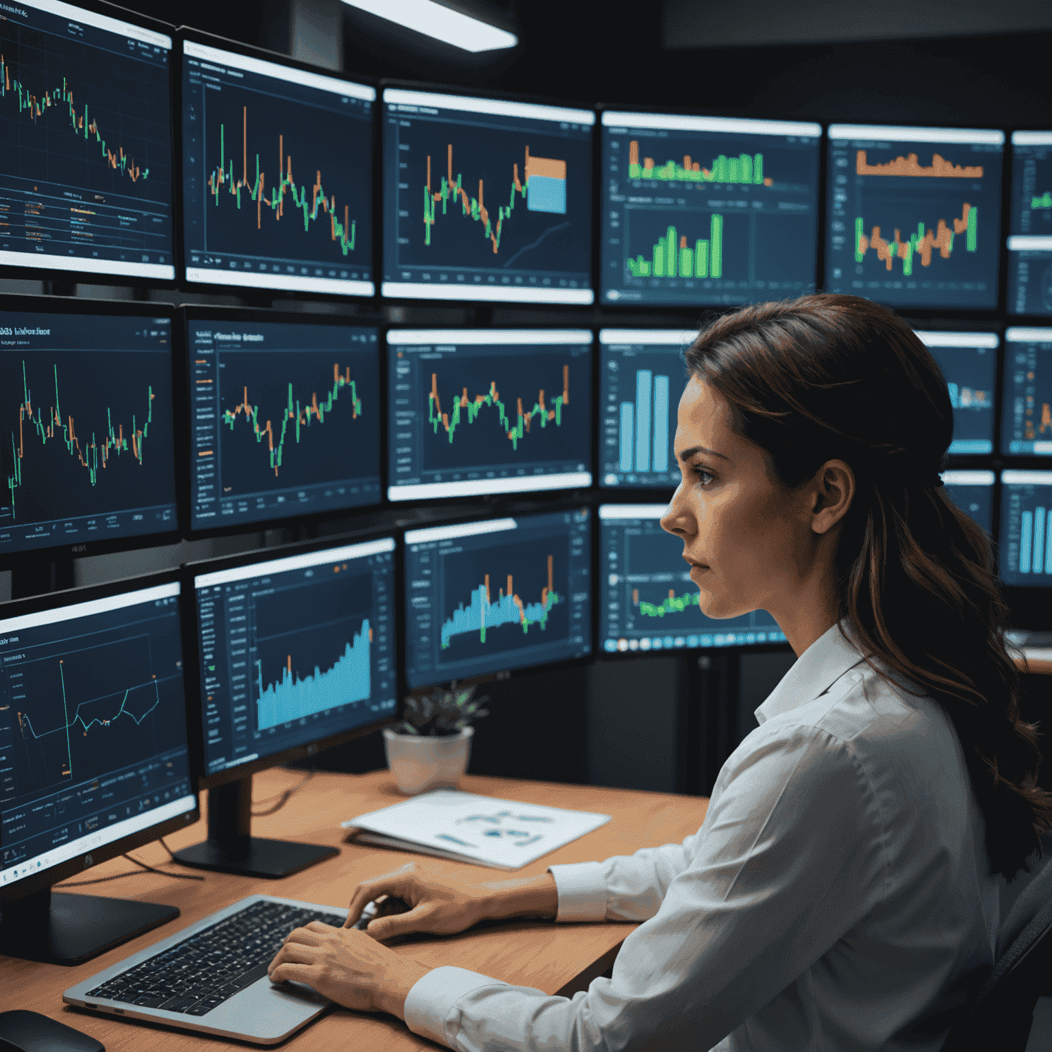 Ana Martínez analizando gráficos de datos en múltiples pantallas