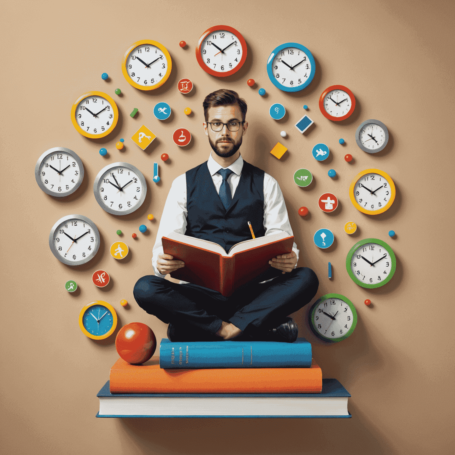 Imagen que muestra una persona malabarista equilibrando iconos de trabajo, libros de programación y un reloj, representando el equilibrio entre el trabajo y la educación en programación